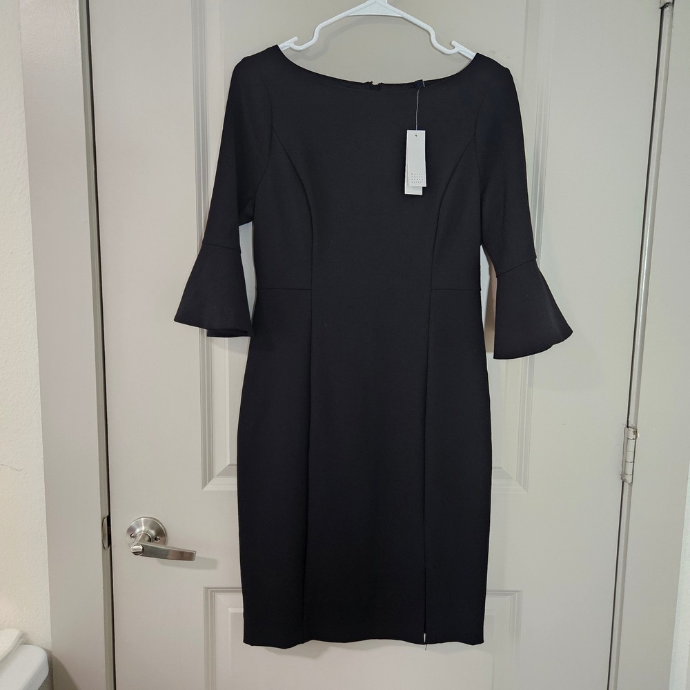White House Black Market Body Perfecting Ruffle Sleeve Sheath Dress 6P Black NEW